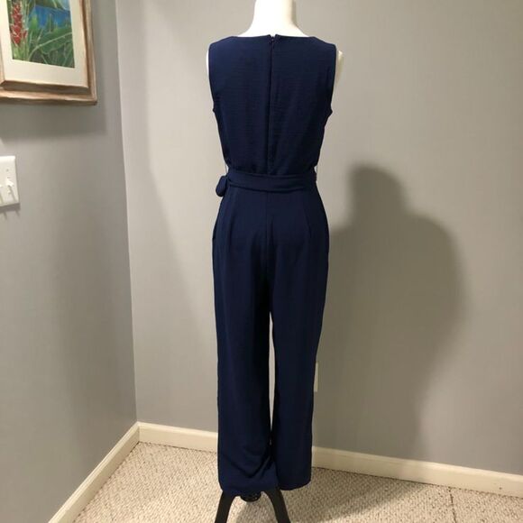 Tahari Navy Blue Sleeveless One-Piece Jumpsuit with Tie Sash Size 2 - Picture 2 of 10